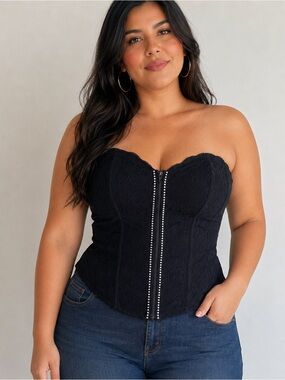 Cacique Corset Women' XL Black Lace Bustier Rhinestones Front Zip 42 Plus